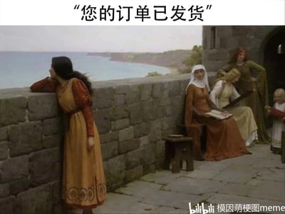 这是一张经过文字改编的古典油画梗图，顶部配有文字“您的订单已发货”。画面左侧的女子身着黄棕相间的复古长裙，身体探靠在石墙上，目光急切地望向远方海面，神态满含期盼，生动表现出焦急等待的状态；而她身后的其他人则神态悠闲，有的坐着看书，有的在打理头发，还有小孩在一旁玩耍，呈现出放松的状态，与左侧女子的焦急形成鲜明对比，精准还原了网购用户在得知订单发货后，急切盼望快递送达的心情，将等待快递的焦虑和旁人的淡定之间的反差感拉满。