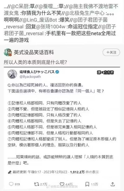 该图片为社交媒体截图，顶部显示多条用户@提及的互动信息，内容包含网络流行语如“草”“爆笑”等。主体部分是用户“英式没品笑话百科”发布的帖子，标题为“所以人类的本质到底是什么呢？”，下方列出七个关于“如何判断复活者是否为同一个人”的假设情景，涉及记忆、人格、肉体等不同变量的组合，最后提到“如果顺利的话，或许能悄悄的让人理解‘人类的本质到底是什么’吧”。帖子底部显示发布时间为2023年12月6日午后9:17，互动数据包括919条评论、2.7万次转发、4.4万次点赞和1.5万次收藏。