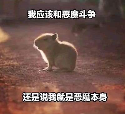 图片中一只可爱的水豚蹲坐在土路上，沐浴在柔和的光线下，抬头望向一侧，表情显得若有所思。图片上方配有文字“我应该和恶魔斗争”，下方文字“还是说我就是恶魔本身”，通过可爱动物与深刻哲学矛盾的反差，营造出幽默又引人深思的效果。