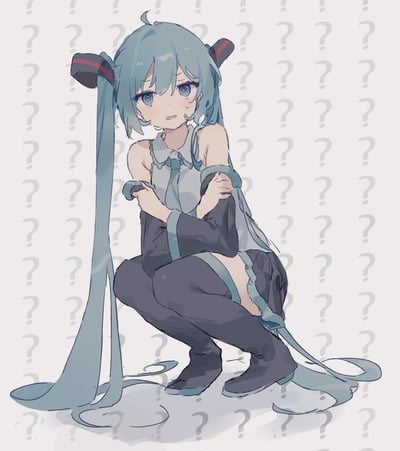 图中是VOCALOID旗下的虚拟歌姬初音未来，她蓝绿色的双马尾垂落在地面，正蹲在地上，双手抓着自己的袖子，脸上露出困惑迷茫的神情，额头还挂着汗珠，整个背景布满了灰色的问号，生动地表现出角色完全摸不着头脑、不知所措的状态，常被用来表达对某事的不解与困惑。