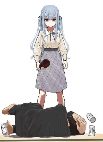 An anime-style illustration depicting a light blue-haired girl with pigtails, wearing a beige blouse and gray checkered skirt, standing and holding a red object. Below her, a man in black clothing lies on the ground with his hands on his head, surrounded by empty cans with Japanese text.