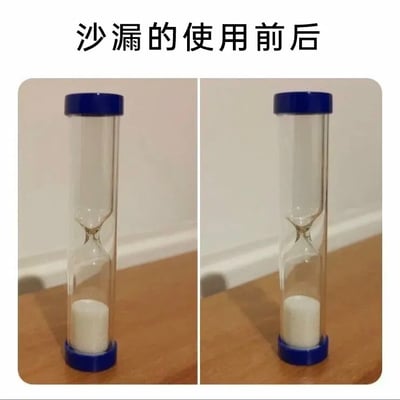 这是一张搞笑对比梗图，顶部配有文字“沙漏的使用前后”，采用左右分栏的对比构图，左侧标注为使用前的沙漏里的沙子全部堆积在下半部分，右侧标注为使用后的沙漏状态和左侧完全一致，沙子依然全部堆放在下半部分。该图的笑点在于沙漏正常使用时需要将沙量多的一端朝上倒置，沙子才能流动实现计时功能，图中的沙漏全程没有被倒置，相当于没有被正确使用，呼应发布者配文“我去不早说”，调侃不知道沙漏需要倒置才能使用的乌龙状况。