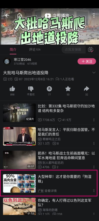 这是一张哔哩哔哩（B站）深色模式的视频详情页截图，页面主体是UP主「寒江雪2046」发布的标题为《大批哈马斯爬出地道投降》的国际时事类视频，展示了视频的播放量、发布时间、互动数据（点赞、收藏等）等信息。页面下方是B站算法推荐的相关视频，内容围绕加沙地道、哈马斯相关新闻展开，最后一条是K9 Natural品牌的狗湿粮商业广告，广告标注了「90%高肉含量 原装进口」的产品卖点。