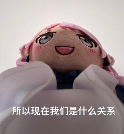 这是一张用《孤独摇滚！》里后藤独（波奇酱）的毛绒玩偶拍摄的梗图，采用仰视角度拍摄玩偶，玩偶露出开心兴奋的表情，下方配文「所以现在我们是什么关系」，用可爱的玩偶形象来抛出暧昧又直白的提问，适合用来和朋友或暧昧对象互动调侃，没有双关、谐音梗或暗示内容。
