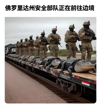 图片展示了一队穿着战术装备的士兵站在火车平板上，他们前方是一排同样佩戴战术背心的鳄鱼，上方配有文字'佛罗里达州安全部队正在前往边境'。这是一张通过图片合成技术制作的幽默讽刺图片，利用佛罗里达州以鳄鱼闻名的特点，夸张地表现安全部队前往边境的情景。