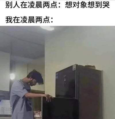 图片上半部分为文字对比：'别人在凌晨两点：想对象想到哭'与'我在凌晨两点：'，下半部分是一张实拍照片，一名穿着灰色短袖的男子正弯腰打开黑色LG冰箱门，背景是室内厨房环境，天花板有灯光照明。通过强烈的场景对比制造幽默效果，展现了单身人士深夜与情侣不同的状态，前者思念伴侣，后者则被饥饿驱使寻找食物。