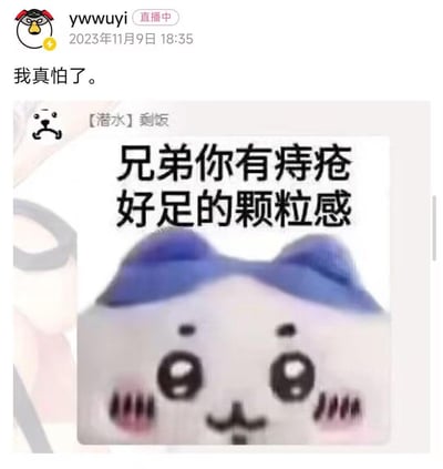 这是一张社交平台动态截图，发布者ywwuyi于2023年11月9日发布配文“我真怕了。”，下方附带一张二次创作的恶搞表情包。表情包使用了《吉伊卡哇》中的小八（Hachiware）角色形象，搭配无厘头的低俗文字“兄弟你有痔疮 好足的颗粒感”，玩了“颗粒感”的双关——既可以形容食物的口感，又暗示痔疮的触感，用角色委屈的表情放大了玩笑的尴尬搞笑感，让发布者表现出无奈的情绪。