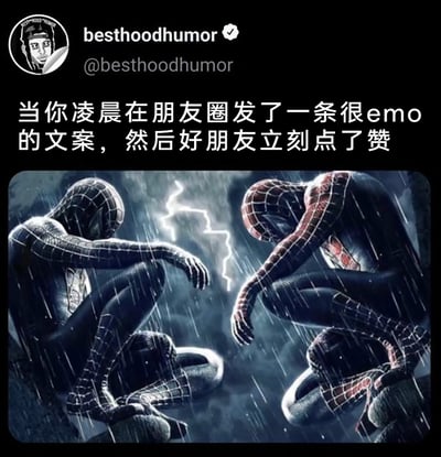 这是一张结合社交媒体截图与影视改编素材的搞笑共鸣梗图，上方配有中文文案“当你凌晨在朋友圈发了一条很emo的文案，然后好朋友立刻点了赞”，下方是经过改编的蜘蛛侠图片：雨夜环境中，黑蜘蛛侠与红蜘蛛侠各自蹲坐、低头垂臂，氛围低落压抑，背景的闪电进一步烘托出emo的情绪。这张图精准捕捉了当代年轻人的社交情绪：深夜发布emo朋友圈的自己和秒赞的好友，其实都处于同样的情绪低谷，用超级英雄的低落状态调侃这种深夜emo的默契，既搞笑又戳中人心，引发用户对朋友圈社交与情绪共鸣的感同身受。