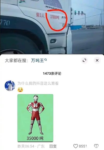 这张图由上下两部分拼接而成，上半部分是实拍的卡车车身局部，车门旁标注的“37800吨”字样被红色圆圈特意标出，旁边还有“乘3人”的核载人数标识，背景是开阔的户外道路场景；下半部分是抖音平台的评论区界面，顶部显示关联搜索词为“万吨王”，共有1473条评论，其中一条由用户“为什么我的抖音这么难看”发布的评论，附带了一个黄色笑脸表情和一张初代奥特曼双手叉腰站立的素材图，图下方标注有“35000吨”的文字，用奥特曼的体重数值玩梗调侃卡车标注的夸张吨位，该评论获赞8551次，发布地为广东，发布时间为评论当日06:54。
