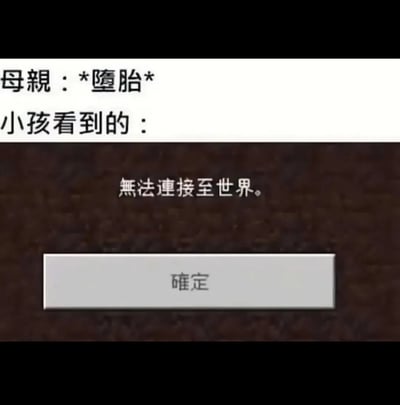图片上方显示"母亲：*堕胎*"，下方标注"小孩看到的："，接着是一个类似系统错误提示的界面，背景为深棕色，中央显示白色文字"無法連接至世界。"，底部有一个灰色按钮写着"確定"。这张图通过将堕胎这一严肃议题与科技产品中的连接错误提示进行类比，用隐喻的方式表达了未出生胎儿无法来到这个世界的概念。