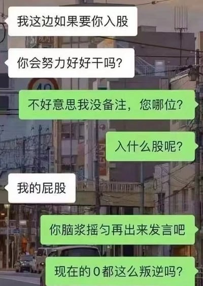 这是一张聊天记录截图类梗图，背景是模糊的城市街道景象，上面叠加了多个对话气泡。对话内容为：一人用白色气泡问“我这边如果要你入股，你会努力好好干吗？”，绿色气泡回复“不好意思我没备注，您哪位？入什么股呢？”，白色气泡回答“我的屁股”，绿色气泡反击“你脑浆摇匀再出来发言吧 现在的0都这么叛逆吗？”。

图片使用了谐音梗和网络用语制造笑点，“入股”被故意曲解为“入屁股”，最后一句“现在的0都这么叛逆吗？”中“0”是网络用语中对男同性恋者中被动方的称呼。