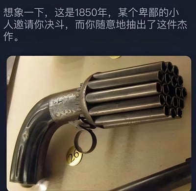 图片上方配有文字“想象一下，这是1850年，某个卑鄙的小人邀请你决斗，而你随意地抽出了这件杰作。”，下方是一张多管左轮手枪的实物照片。手枪拥有多个并排的枪管，金属表面带有历史感的磨损痕迹，枪身下方可见标有数字“26”的圆形标签，推测为博物馆展品。整体通过将历史背景与夸张武器结合，营造出一种“降维打击”式的幽默效果，调侃决斗场景中使用非常规武器的反差感。