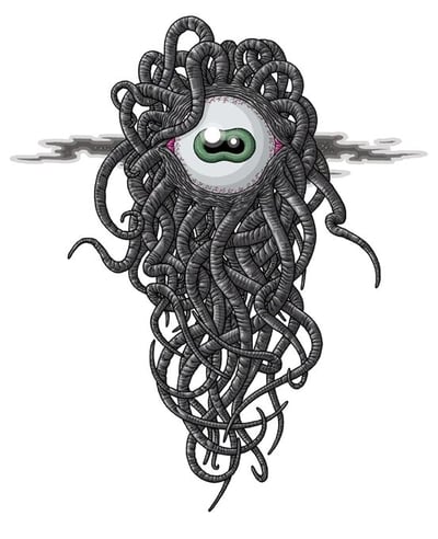 插画中展示了一个充满奇幻与诡异色彩的生物：中央是一只巨大的眼睛，绿色虹膜搭配黑色瞳孔，粉色巩膜边缘略带纹理，周围环绕着大量扭曲、缠绕的深灰色触手。触手呈现出不规则的卷曲形态，向下垂落并自然散开，眼部后方有淡淡的灰色烟雾状元素衬托，背景为纯白色。整体构图清晰，线条细腻，营造出神秘而略带恐怖的氛围。