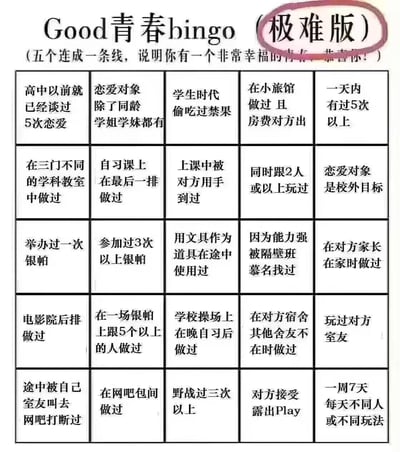 这是一张5×5布局的低俗趣味Bingo表格，标题为「Good青春bingo（极难版）」，规则是表格内五个条目连成一条线，就代表拥有非常幸福的青春。表格中的25个条目均为校园恋爱相关的私密、出格甚至低俗的行为描述，其中「银帕」是「淫趴」的谐音隐晦说法，整体主打猎奇、低俗的打卡趣味，内容偏向成人向恶搞。