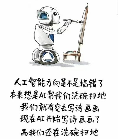 画面中是一个卡通风格的白色机器人，头部有蓝色圆形眼睛，身体呈流线型，底部为轮式底座。它正专注地用右手持画笔在立式画板上创作，身旁有一张小木桌摆放着颜料盘。下方配有手写风格文字：“人工智能方向是不是搞错了 本来想是AI帮我们洗碗扫地 我们就有空去写诗画画 现在AI开始写诗画画了 而我们还在洗碗扫地”，通过机器人从事创作活动与文字描述的反差，幽默揭示了AI发展与人类最初期望的错位——原本希望AI承担家务解放人类创造力，现实却是AI涉足创作领域，人类仍被琐事束缚。