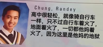 这张梗图使用了Chung Randey的高中年鉴照片，配上讽刺性文字，将高中生活比喻成着火的自行车和地狱，表达了对高中生活压力的调侃和不满。照片中的人物面带微笑，与文字描述的痛苦形成鲜明对比，增强了讽刺效果。