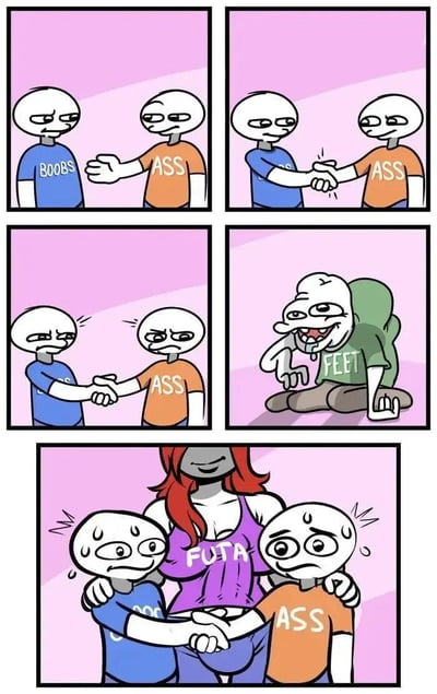 五格漫画展示了不同偏好者之间的冲突与和解。第一至三格中，穿蓝色'BOOBS'衬衫和橙色'ASS'衬衫的角色从握手到表情愤怒；第四格出现穿绿色'FEET'衬衫的角色在一旁窥伺；第五格中穿紫色'FUTA'衬衫的红发女性拥抱两位主角，他们表情惊恐。
