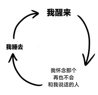 图片为白色背景的极简黑白示意图，中央有一个黑色圆形箭头形成循环结构。箭头顶端标注“我醒来”，左下标注“我睡去”，右下则有文字“我怀念那个再也不会和我说话的人”。整体通过醒睡循环与思念文字的结合，表达了一种在日常作息中持续萦绕的对某人的怀念之情。