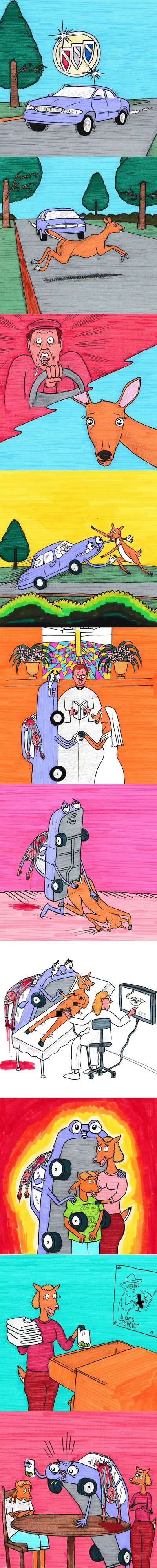 这是一幅纵向排列的连环漫画，采用鲜艳的手绘风格，讲述了汽车与鹿之间一系列荒诞离奇的冒险故事。画面从汽车正常行驶开始，遇到鹿后发生碰撞，随后展开一系列超现实场景：汽车变形、与鹿一起经历各种奇幻事件，最终二者坐在桌前共处。整个漫画充满想象力和幽默感，情节发展出人意料。
