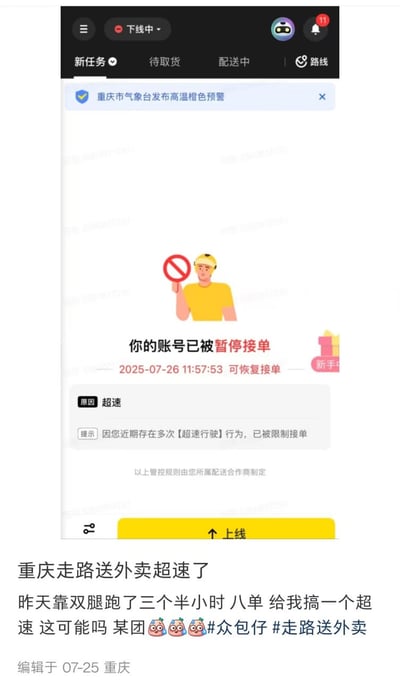 这是一张竖屏的社交媒体截图，由外卖配送APP界面和骑手的吐槽文字拼接而成。上方APP界面显示，重庆的一位外卖骑手账号因多次“超速行驶”被暂停接单，可恢复时间为2025年7月26日11:57:53，顶部还有重庆市高温橙色预警的提示；下方是骑手的配文吐槽，称自己全程靠双腿走路送外卖，三个半小时跑了八单，却被判定超速，对此感到十分离谱和愤怒，并配上崩溃表情，附带#众包仔 #走路送外卖的话题。整个内容是骑手对不合理管控的吐槽，充满无奈与愤懑。