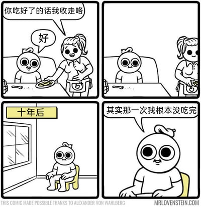 这是一则四格连环漫画，以生活化的场景展开：第一格中，餐厅服务员微笑着询问顾客是否用餐完毕，要收走餐盘，顾客温和地回应“好”，此时餐盘里还有剩余的食物；第二格服务员收走了餐盘；第三格用“十年后”的提示跳转场景，顾客独自坐在房间的椅子上，神情落寞；第四格顾客对着镜头说出藏在心里的话：“其实那一次我根本没吃完”。漫画用夸张的十年时间跨度，将一件没说出口的微小遗憾放大，展现了人们在生活中因为迁就、不好意思拒绝，而将小在意留存于心的普遍状态，用黑色幽默的方式引发读者对这类日常小事的共鸣。