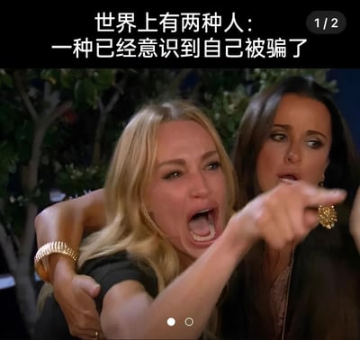 图片上方有文字“世界上有两种人：一种已经意识到自己被骗了”。画面中有两位女性，左侧金发女性表情震惊，嘴巴大张，右手伸出食指指向前方；右侧黑发女性用手臂环绕着金发女性的肩膀，表情惊讶地看向同一方向。背景中有树木等植物。右上角显示“1/2”，底部有两个圆点，第一个为实心，表明这是系列图片的第一张。