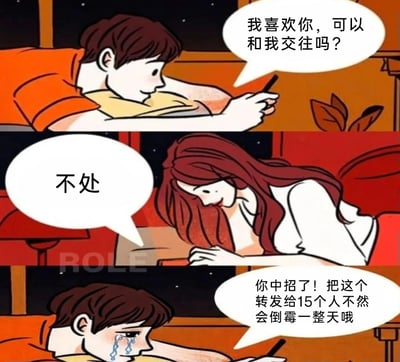 这是一幅由三格画面组成的卡通连环漫画，以网络整蛊套路为核心内容。第一格画面中，穿橙色上衣的男生趴在床上，手持手机，脸上带着期待的神情，发送消息“我喜欢你，可以和我交往吗？”；第二格画面里，穿白色上衣的长发女生趴在床上，面带微笑地回复“不处”；第三格画面中，男生看到回复后崩溃大哭，此时手机里的内容变成了整蛊消息：“你中招了！把这个转发给15个人不然会倒霉一整天哦”。漫画通过表白被拒的失落与发现是整蛊的反差，复刻了早期网络上强制转发的整蛊套路，制造出搞笑的效果。