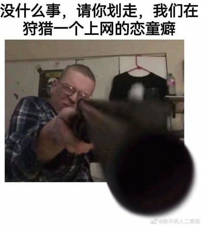 图片中一名戴眼镜的男子正持枪直接指向镜头，表情严肃。上方配有文字'没什么事，请你划走，我们在狩猎一个上网的恋童癖'，传达出针对网络恋童癖的警告和威慑意味。