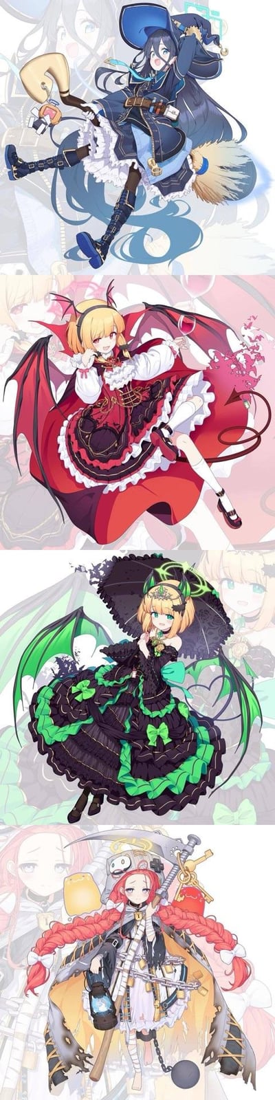 图片为四张纵向排列的动漫风格美少女角色插画，每张角色造型独特，服饰华丽。第一张角色身着蓝黑色女巫装，头戴尖顶帽，脚踩长靴，手持扫帚，背景有飘逸的蓝色发丝；第二张为金发吸血鬼少女，红色蝙蝠翅膀展开，身着红黑蕾丝裙，手持红酒杯，裙摆点缀白色花边；第三张角色穿黑绿配色洛丽塔裙，绿色恶魔翅膀搭配黑色蕾丝伞，裙摆有绿色蝴蝶结装饰；第四张角色梳红色双辫，手持镰刀与机械装置，服饰融合科技与奇幻元素，整体色调鲜明，细节丰富。