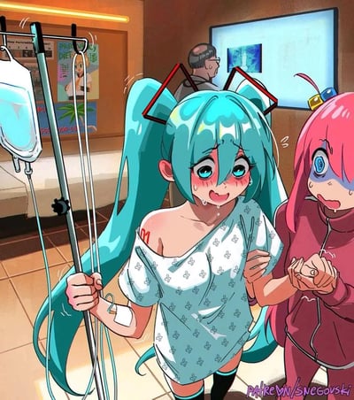 这是一幅二次元跨IP同人创作图，画面中VOCALOID的初音未来穿着病号服，手举输液架，脸上满是泪水、汗水和红晕，表情又哭又笑，呈现出类似分娩时的痛苦又带点奇怪兴奋的状态，肩膀上的“01”标记呼应了她的代号；旁边《孤独摇滚！》的后藤独（波奇酱）脸色发青，双手紧握，表情惊恐到变形，正搀扶着初音。背景是医院走廊，墙上有“PREGNANCY DIET”（孕期饮食）的海报，还有一位医生模样的人在看屏幕。整张图用夸张的表情制造出搞笑的反差感，玩了初音“01”代号的梗，将两个不同作品的角色放在待产场景中，充满趣味。