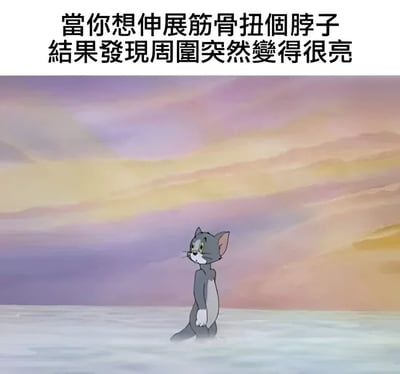 這是一張使用《貓和老鼠》中湯姆貓場景的梗圖，圖片上方配有文字：'當你想伸展筋骨扭個脖子 結果發現周圍突然變得很亮'，描繪了人們在扭脖子後可能出現的短暫視覺變化，帶有幽默效果。