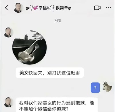 这是一张微信单聊界面的截图，聊天对方的昵称为带特殊符号与爱心图案的「幸福很简单」，对方先发了一张圆形的哈士奇踩奶表情包，配文「美女快回来，别打扰这位旺财」，收到消息的用户回复了一个带问号的蓝色消息气泡，同时发送了哈士奇头像表情，随后对方又发消息称「我对我们家美女的行为感到抱歉，能不能加个微信给你道歉？」，用将自家狗狗称作「美女」、以道歉为借口索要对方微信的清奇套路搭讪，充满搞笑反差感。