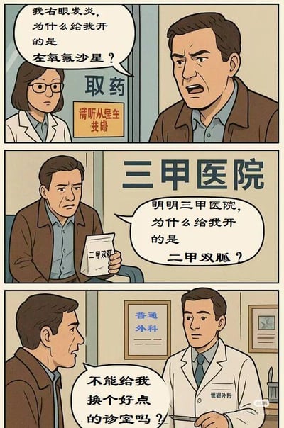 这是一幅三格连环卡通漫画，描绘患者在医院取药和就诊时的疑惑场景。第一格：患者在取药窗口质问女医生：“我右眼发炎，为什么给我开的是左氧氟沙星？”，背景有“取药”和“请听从医生安排”的标识。第二格：患者手持标有“二甲双胍”的药袋，面对“三甲医院”的牌子困惑道：“明明三甲医院，为什么给我开的是二甲双胍？”。第三格：患者在普通外科诊室对男医生说：“不能给我换个好点的诊室吗？”。漫画通过“左氧”（药名）与“右眼”、“三甲医院”与“二甲双胍”（药名含“二甲”）的文字巧合制造幽默，讽刺医疗场景中的常见疑问。