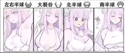 这是一组四格连环卡通漫画，以同一位长发卡通女生的胸部形态为核心，玩地理相关的谐音梗：
1. 第一格标题“左右半球”，对应女生自然的左右胸部形态，女生露出惊讶的表情，抬着手臂展示；
2. 第二格标题“大裂谷”，对应女生胸部中间的明显沟壑，女生眨眼露出妩媚的表情，拉着衣服展示；
3. 第三格标题“北半球”，女生用手在胸前比出心形，露出胸部上半部分，谐音地理概念里的北半球，女生带着疑惑的表情；
4. 第四格标题“南半球”，女生低头，胸部仅露出下半部分，背景中还有一个类似南极科考人员的人物，谐音地理概念里的南半球，女生露出娇羞的表情。
整组图通过身体部位的形态与地理名词的谐音关联，制造搞笑的效果。