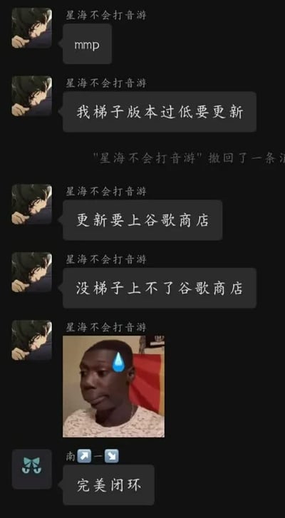 这是一张即时通讯软件的聊天记录截图，用户「星海不会打音游」先是吐槽发泄，称自己使用的翻墙梯子版本太低需要更新，随后说明该梯子的更新渠道是谷歌商店，但又表示没有梯子就无法登录谷歌商店，陷入了无法解决的死循环后，发送了一张黑人额头冒冷汗的无语表情包表达自己的尴尬窘境，另一位用户「南一」见状评论这一情况是「完美闭环」，整体内容充满荒诞的幽默感，精准展现了使用翻墙工具时会遇到的典型矛盾场景，笑点十足。