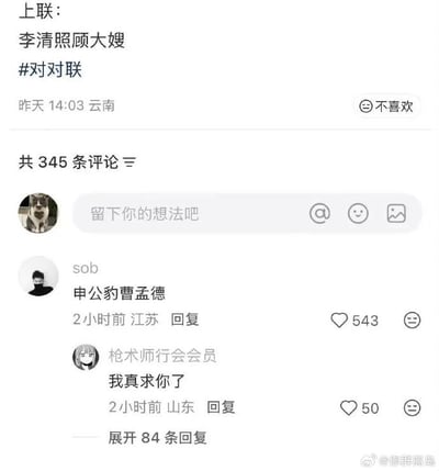 社交媒体平台截图，展示了一条上联为'李清照顾大嫂'并带有#对对对标签的帖子，发布于昨天14:03云南，下方有345条评论。评论区中，用户'sob'回复'申公豹曹孟德'获得543点赞，用户'枪术师行会会员'回复'我真求你了'获得50点赞，图片底部有水印'@你群离岛'。