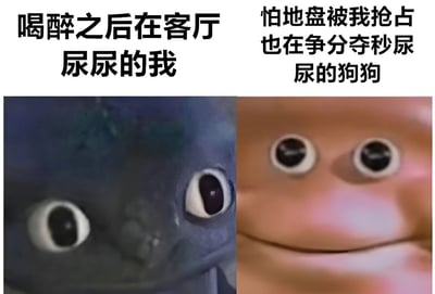 这是一张左右对比的搞笑梗图，左侧是《驯龙高手》中的无牙角色瞪大双眼的特写，配文'喝醉之后在客厅尿尿的我'；右侧是另一个龙角色微笑的特写，配文'怕地盘被我抢占也在争分夺秒尿尿的狗狗'。图片通过拟人化的方式，幽默地对比了喝醉的人和护地盘的狗狗之间的有趣行为。