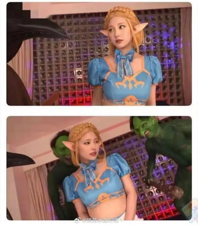 这是一组上下拼接的对比梗图，上图中一位真人coser还原了《塞尔达传说》中的塞尔达公主造型，她表情略带疑惑，身旁仅露出一个怪物的局部；下图中这位coser的两侧突然出现两个绿皮兽人，coser的表情转为错愕，通过前后场景的反差制造出搞笑的效果，图中没有双关、谐音梗等内容。