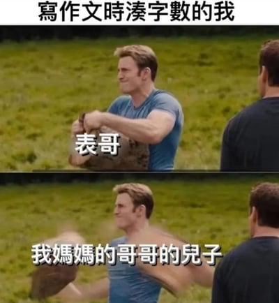 该梗图为上下两格对比图，上方文字为'写作文时凑字数的我'。上格中一名穿蓝色T恤的男子站在草地上，手持一个球，人物旁标注'表哥'；下格中同一男子挥动手中的球，标注文字变为'我妈妈的哥哥的儿子'。通过将简单称谓'表哥'扩展为冗长的亲属关系描述，幽默展现了学生写作文时为凑字数而刻意增加文字长度的场景，引发共鸣。