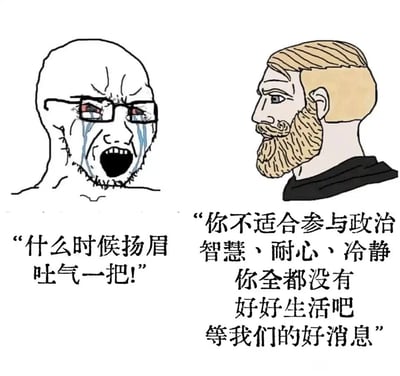 这是一张左右分栏的卡通梗图，左侧是戴着眼镜、双眼通红泪流满面的光头男子，他大张嘴巴，神情愤怒又急切，呐喊着想要扬眉吐气；右侧是留着金色胡须、神情淡定从容的金发男子，他侧头看向对方，语气平淡地指出对方缺乏参与相关事务所需的智慧、耐心与冷静，劝其好好生活并等待好消息。整幅图通过两个角色截然不同的情绪状态与对话，形成强烈的反差感，用调侃的方式展现了急切渴望改变与被劝诫保持平静两种心态的碰撞。