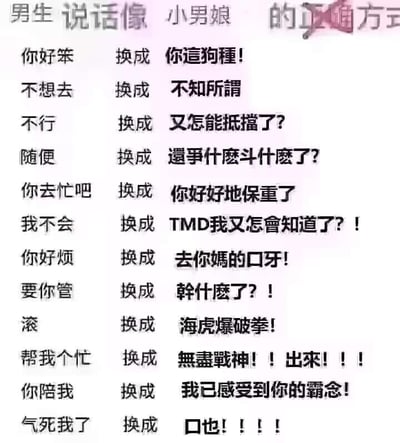 这是一张制造反差笑点的纯文字梗图，标题标注为「男生说话像小男娘的正确方式」，实际内容是将普通日常口语替换为港漫《海虎》中的霸气中二台词，形成强烈的风格错位。具体对照内容包括：将「你好笨」替换为「你這狗種！」，「滚」替换为「海虎爆破拳！」，「气死我了」替换为「口也！！！！」等，把生活化的平淡表达转化为充满张力、霸气侧漏的港漫风格台词，通过这种风格错位营造出中二又搞笑的效果，适合用来玩梗调侃、和朋友互动。