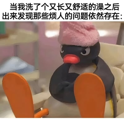 图片上方有文字'当我洗了个又长又舒适的澡之后出来发现那些烦人的问题依然存在:'，下方是一个戴着粉色帽子、有着橙色脚蹼的黑色企鹅玩偶，它正单手托腮坐着，表情看起来若有所思，似乎在思考那些依然存在的烦恼。这个梗图通过可爱的企鹅玩偶形象，幽默地表达了人们洗完澡后短暂放松但现实问题仍在的无奈感受。