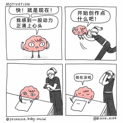 这是一幅标题为《MOTIVATION》的四格卡通漫画，精准捕捉了创作者群体常经历的“动力昙花一现”的尴尬日常：第一格中，拟人化的大脑双眼圆睁、握拳兴奋，喊出“快！就是现在！我感到一股动力正涌上心头”，传递出强烈的创作冲动；第二格中，创作者兴奋地将大脑高高举起，大脑也激动地催促“开始创作点什么吧！”，二者都充满干劲；第三格中，大脑坐在桌前握着笔，表情变得烦躁不耐，创作者在一旁满怀期待地等候；第四格中，大脑瘫软在桌上，平淡地说出“现在没啦”，创作者则无奈地捂脸，生动展现了创作动力突然来袭又瞬间消散的无奈，极易引发创作者的共鸣。