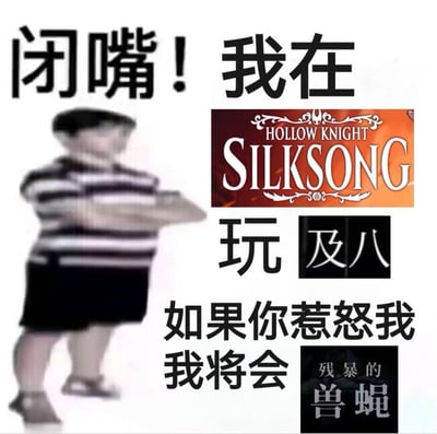 这张梗图展示了一个穿着条纹上衣和黑色短裤的小孩做出攻击性手势，配文'闭嘴！我在玩及八如果你惹怒我我将会残暴的兽蝇'，并包含了《空洞骑士：丝绸之歌》(Hollow Knight: Silksong)的游戏logo。图片通过小孩的愤怒表情和威胁性语言形成幽默效果，暗示游戏玩家不希望被打扰。