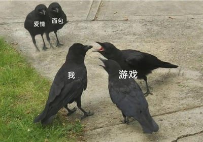 这是一张经过文字标注改编的趣味梗图，画面主体是五只乌鸦，拍摄于户外的水泥地面与草地交界处。画面左上方的两只乌鸦分别被标注为“爱情”和“面包”，它们神态平静，安静地站在一旁，象征着生活中的感情需求与物质基础；画面前方，一只标注为“我”的乌鸦背对着“爱情”和“面包”，正面向着两只标注为“游戏”的乌鸦；两只“游戏”乌鸦张着嘴，神态兴奋，仿佛在热情呼唤，生动地表现出“我”完全被游戏吸引，将代表感情和物质的“爱情”“面包”抛在脑后的状态，用拟人化的方式调侃了当代部分年轻人沉迷游戏，优先满足娱乐需求的生活状态，充满趣味和共鸣感。