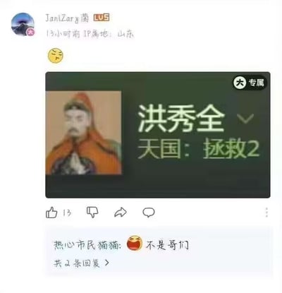 这是B站用户JaniZary菌发布的一条动态，截图展示了经过修改的游戏账号界面：将游戏角色名称替换为历史人物“洪秀全”，下方标注“天国：拯救2”，玩起了错位玩梗的笑点——洪秀全是太平天国的领袖，而《天国：拯救》是一款中世纪题材的游戏，二者本无关联，强行绑定后制造出荒诞搞笑的效果。发布者还附带了一个无奈的表情，下方有其他用户“热心市民猫猫”回复“不是哥们”，搭配震惊的表情，表达出对这个玩梗内容的无语与调侃。
梗点说明：利用“天国”一词的双重含义，将太平天国领袖洪秀全与游戏《天国：拯救2》强行关联，制造出角色与游戏错位的荒诞笑点。