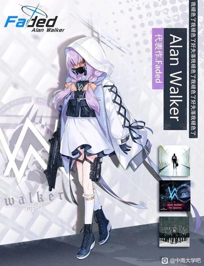 这是一张粉丝自制的同人创作图，将知名挪威电音制作人Alan Walker娘化为二次元战术少女形象。少女拥有淡紫色长发，身着带有Alan Walker标志性W元素的连帽外套与白色裙装，搭配战术腰带、枪械等装备，整体风格酷飒冷峻。图中左上角标注了Alan Walker的代表作《Faded》，右侧重复的“我褪色了”文字是玩《Faded》的谐音梗（Faded英文原意是褪色），同时还附带了《Faded》《The Spectre》等Alan Walker经典作品的封面，将电音IP的元素与二次元战术少女风格完美融合，视觉表现力强。