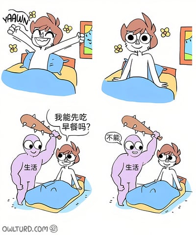 四格漫画展示了一个角色的早晨经历：第一格中角色伸着懒腰打哈欠醒来，周围有小花装饰；第二格角色表情变得惊讶；第三格中一个紫色的、标有'生活'字样的角色举着狼牙棒站在床边，床上角色问'我能先吃早餐吗?'；第四格'生活'角色回答'不能'。通过夸张幽默的方式表现了生活压力不给人喘息空间的主题。