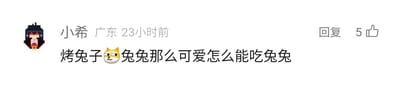这是一张社交媒体评论区的截图，界面左上角是一个像素风格的卡通头像，旁边显示评论用户名为“小希”，IP归属地为广东，发布时间为23小时前。评论内容为“烤兔子😎兔兔那么可爱怎么能吃兔兔”，前半句提及“烤兔子”，后半句使用电影《撒娇女人最好命》中的经典撒娇台词，形成强烈的反差感，带有调侃、趣味的氛围。评论右侧显示有“回复”按钮和5个点赞数，整体是典型的社交平台评论区界面。