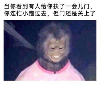 这是一张图文结合的搞笑表情包，上方配有文字“当你看到有人给你扶了一会儿门，你连忙小跑过去，但门还是关上了”，描述了一个日常社死场景；下方是一张P图改编的内容，主体是穿着粉色带红领上衣的猴子形象，它脸上露出尴尬又勉强的假笑，眼睛半眯，嘴角僵硬上扬，精准还原了人们遇到这种情况时，内心尴尬窘迫却只能用假笑掩饰的情绪。用动物形象表现人类的复杂情绪，增添了夸张搞笑的效果，能让有过类似经历的人产生强烈共鸣，适合在社交平台调侃自己的尴尬经历。